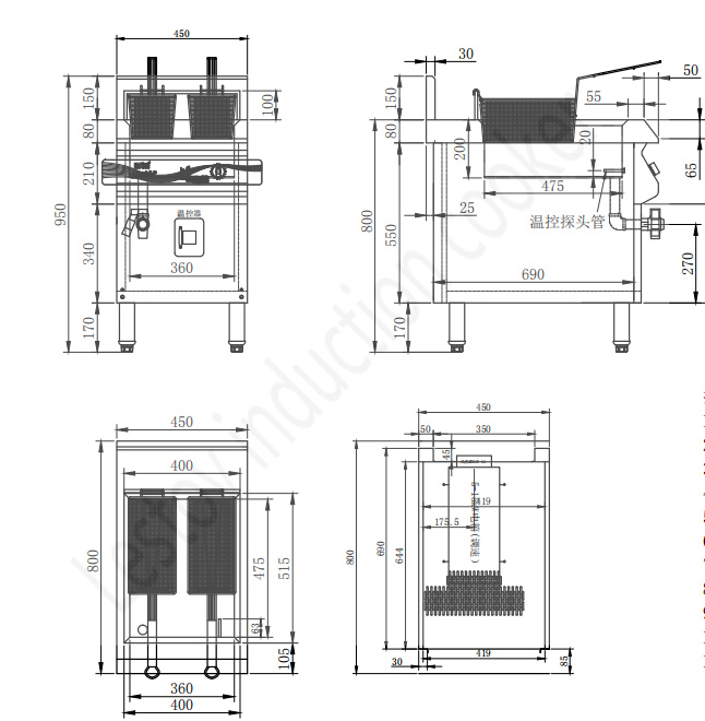 电磁立式单缸双筛炸炉（调节脚27升）450x800x800150-12KW-380V-Model